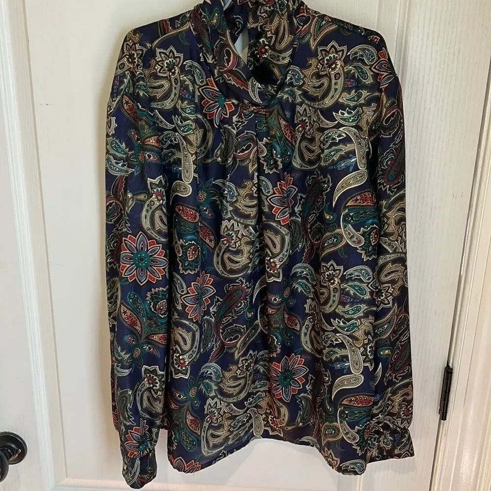 Vintage Notches paisley print blouse high neck size 16